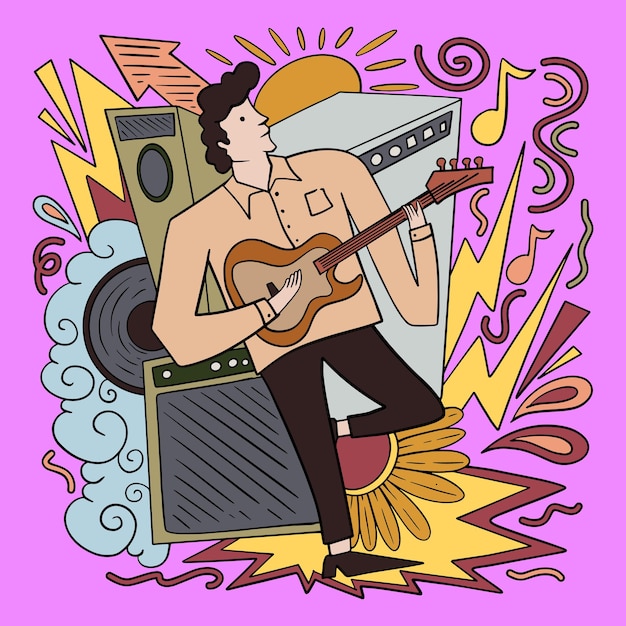 Ręcznie rysowane muzyka doodle styl ilustracja lat 90. muzyka retro party elementy wydarzenie plakat wektor