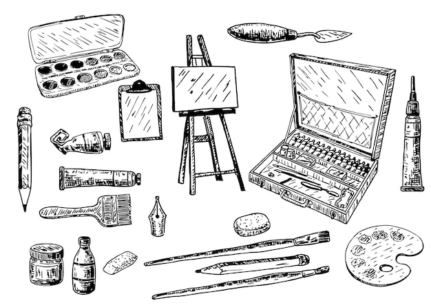 Plik wektorowy ręcznie rysowane narzędzia do malowania i zestaw akcesoriów