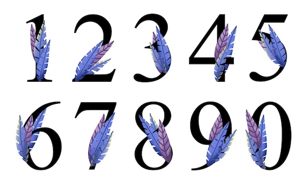 Ręcznie Rysowane Niebieski Fioletowy Liść Numery List Projekt Edytowalny