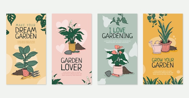 Plik wektorowy ręcznie rysowane pakiet opowiadań ogrodniczych hobby na instagramie
