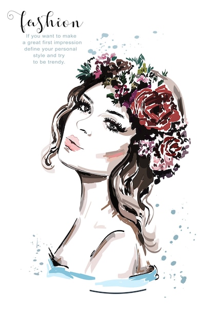 Plik wektorowy ręcznie rysowane piękna młoda kobieta z wiankiem kwiatów włosów