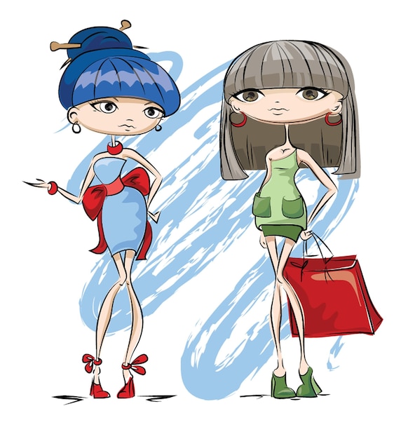 Plik wektorowy ręcznie rysowane piękny kreskówka lato dziewczyny z ilustracji wektorowych torby