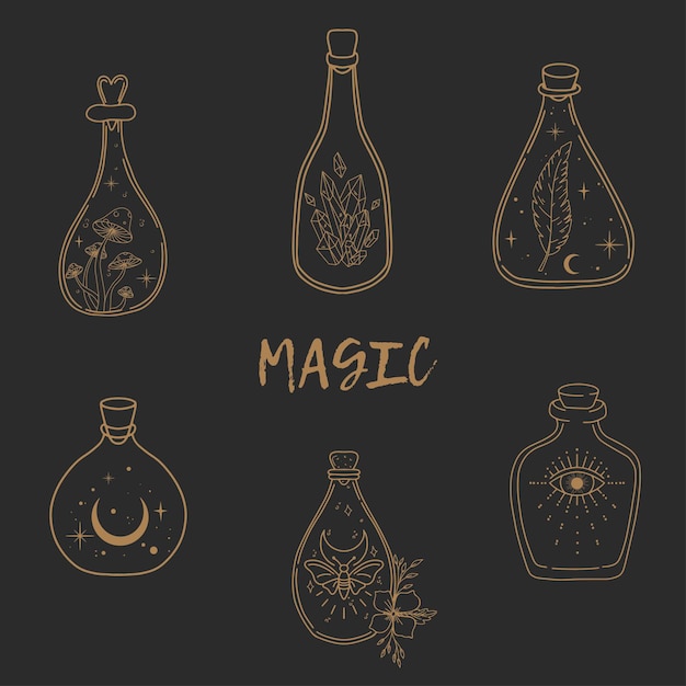 Ręcznie rysowane piękny zestaw magicznych butelek Alchemia duchowość okultyzm tatuaż sztuki kolorowanki na białym tle ilustracji wektorowych