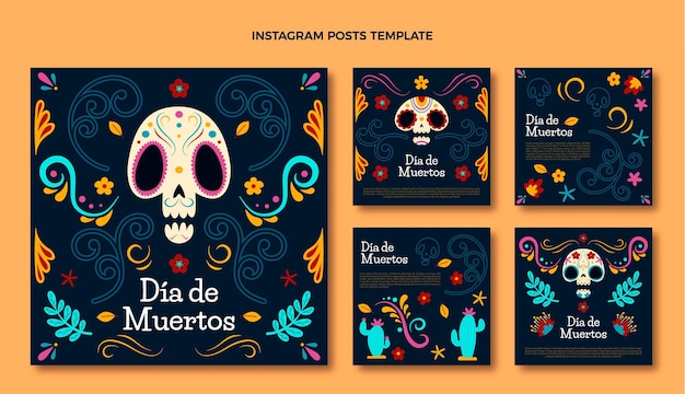 Ręcznie rysowane płaska kolekcja postów na instagramie dia de muertos