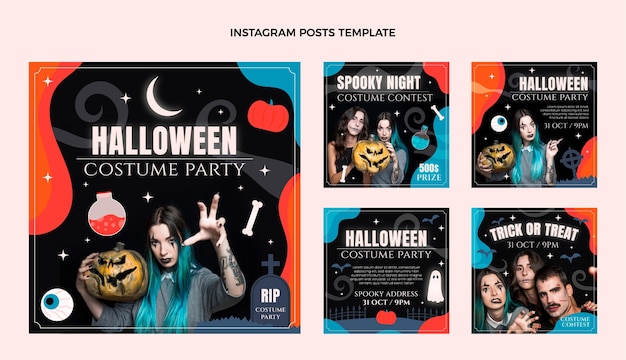 Ręcznie Rysowane Płaska Kolekcja Postów Na Instagramie Halloween