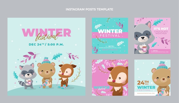Plik wektorowy ręcznie rysowane płaska zimowa kolekcja postów na instagramie