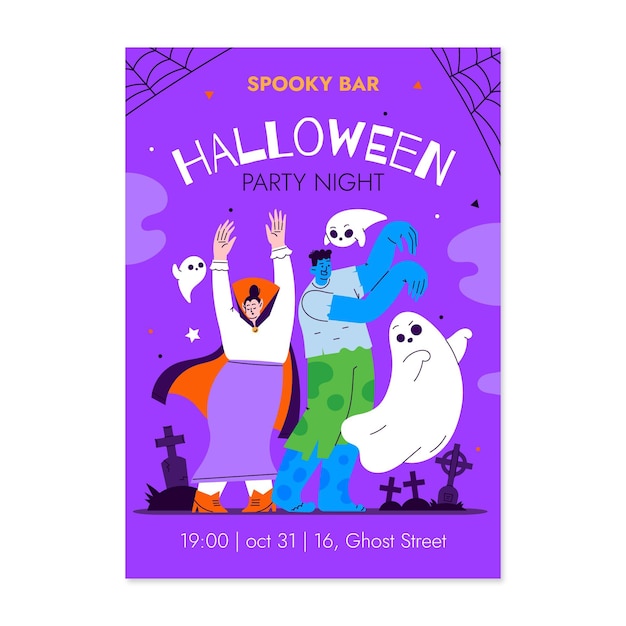 Ręcznie rysowane płaski szablon plakatu pionowego halloween party