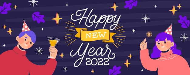 Plik wektorowy ręcznie rysowane płaski szczęśliwego nowego roku 2022 poziomy baner