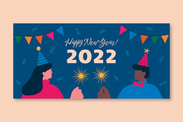 Ręcznie rysowane płaski szczęśliwego nowego roku 2022 poziomy baner