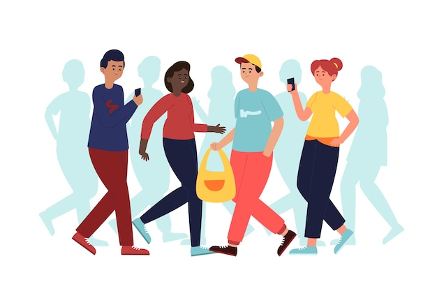 Ręcznie rysowane płaski tłum ludzi chodzących ilustracja
