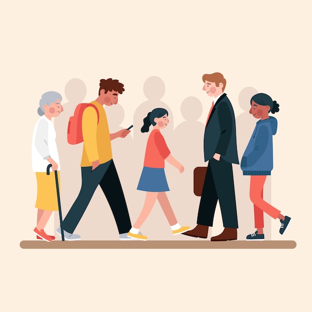 Ręcznie rysowane płaski tłum ludzi chodzących ilustracja