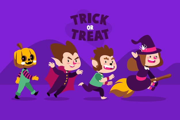 Ręcznie Rysowane Płaski Zestaw Kolekcji Ilustracji Halloween Trick Or Treat