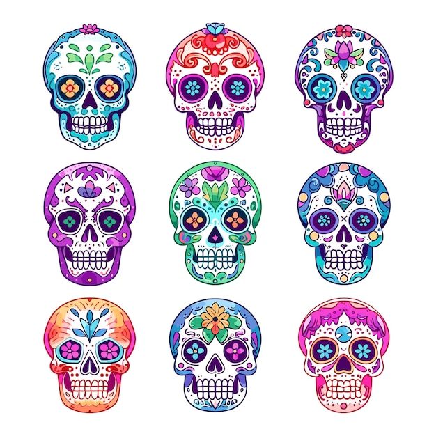 Plik wektorowy ręcznie rysowane płaskie dia de muertos kolekcja czaszek zdobione meksykańskie czaszki