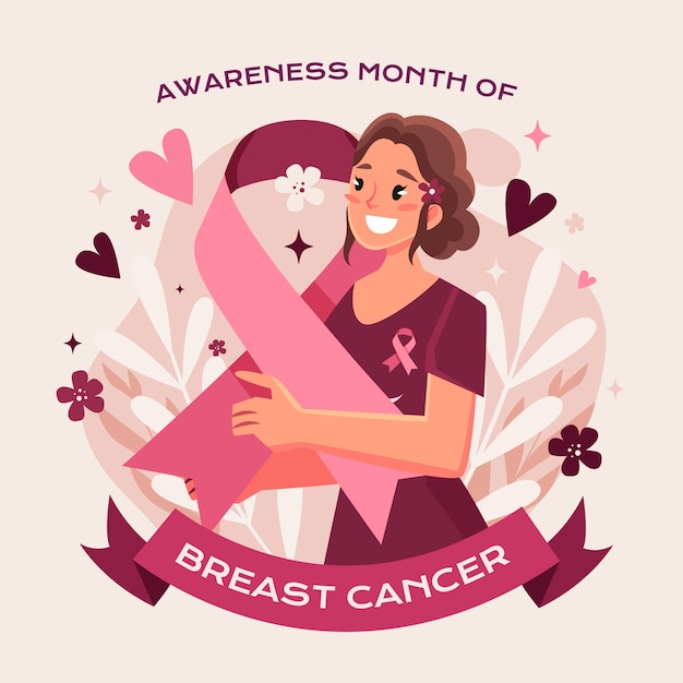 Ręcznie rysowane płaskie ilustracja miesiąca świadomości raka piersi