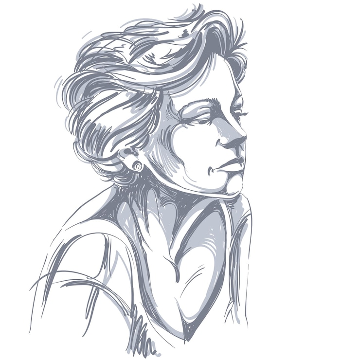 Wektor ręcznie rysowane portret białoskórej smutnej kobiety, twarz emocje ilustracja tematu. piękna smutna dama pozowanie na białym tle.