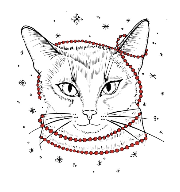 Ręcznie rysowane portret kota z girlandą ilustracji wektorowych na białym tle