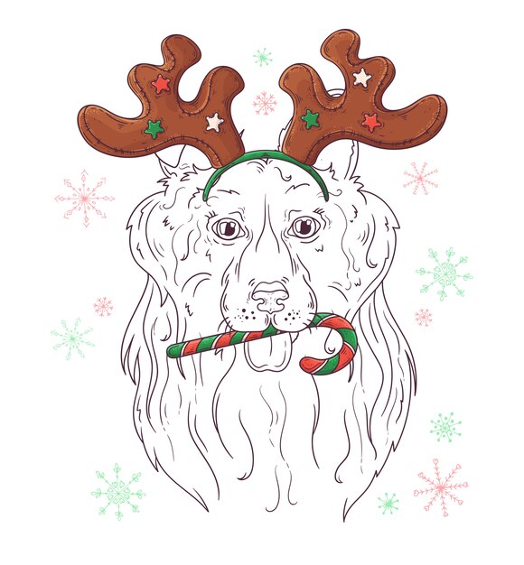 Ręcznie Rysowane Portret Psa Rasy Collie W Boże Narodzenie