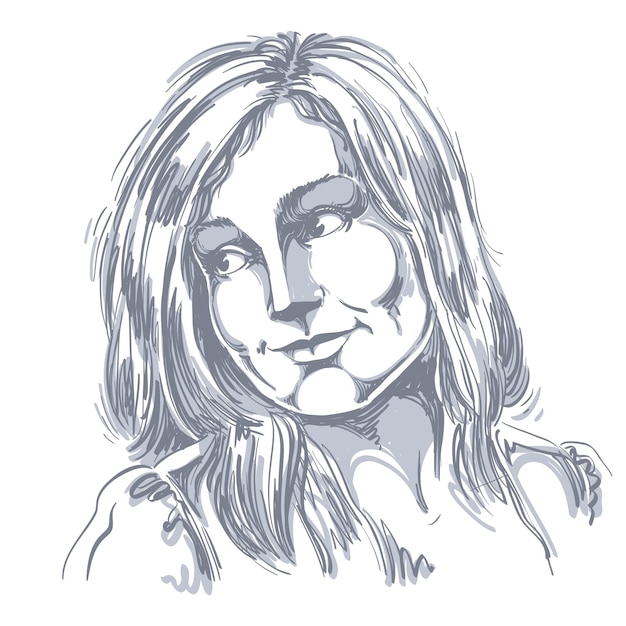 Ręcznie rysowane portret romantycznej kobiety białoskóry, twarz emocje ilustracja tematu. Piękna marzycielska pani pozowanie na białym tle. Graficzna ilustracja artystyczna.