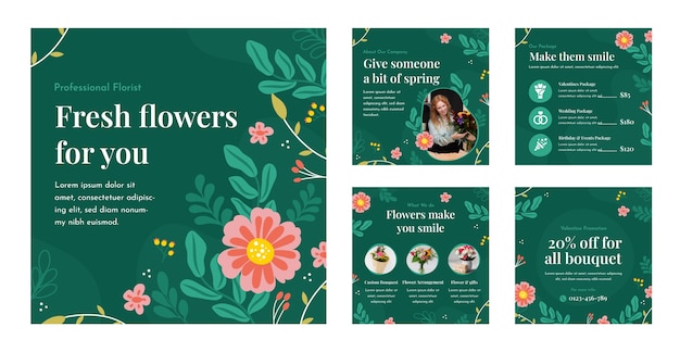 Plik wektorowy ręcznie rysowane posty na instagramie z pracą kwiaciarni