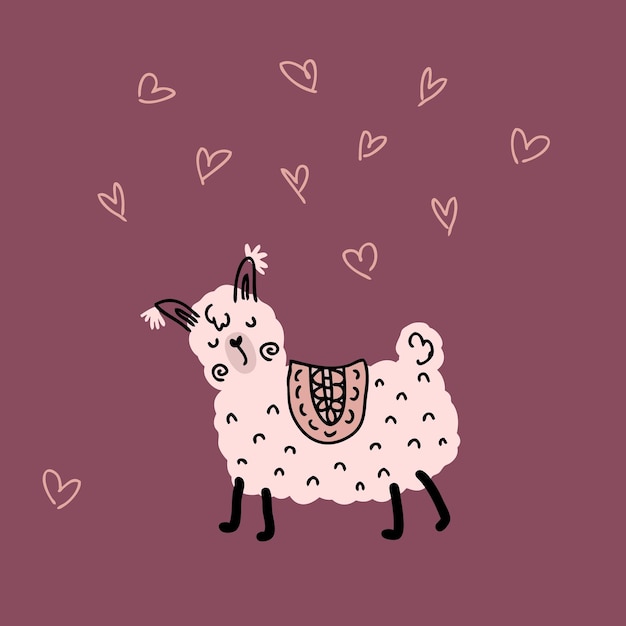 Ręcznie Rysowane Romantyczna Walentynkowa Lama I Serca Idealna Na Pocztówkę Tshirt I Drukowaną Ilustrację Wektorową Doodle Do Wystroju I Projektowania