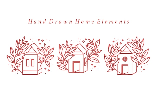 Ręcznie Rysowane Różowa Kolekcja Elementów Domu I Botaniczne Kwiatowe Logo