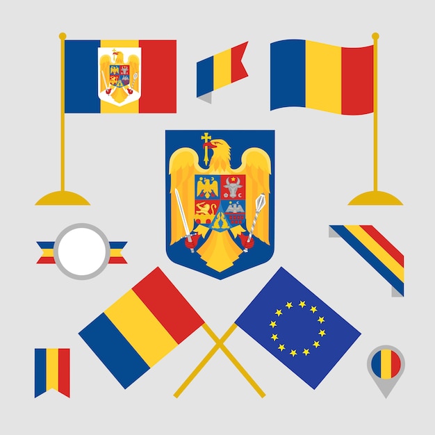 Plik wektorowy ręcznie rysowane rumuńska flaga i kolekcja herbów narodowych
