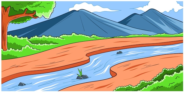 Plik wektorowy ręcznie rysowane sceny natury z rzeką i górą ilustracja w stylu kreskówki sceny przyrody