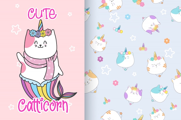 Ręcznie rysowane słodkie caticorn z wzór wektor