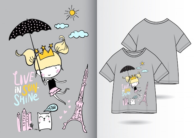 Ręcznie Rysowane Słodkie Dziewczyny Ilustracja Z T Shirt Projekt