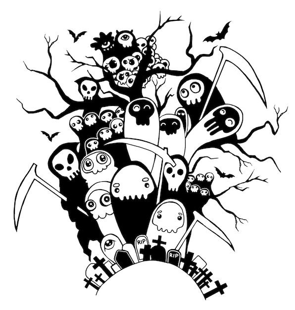 Plik wektorowy ręcznie rysowane słodkie postacie szkielet śmierci