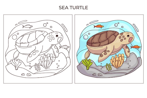 Ręcznie Rysowane Słodkie Zwierzę Oceaniczne Do Kolorowania Strony żółw Morski