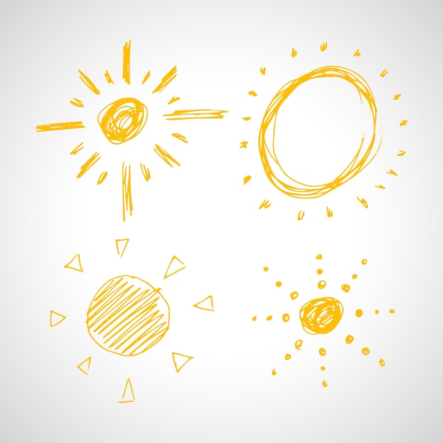 Plik wektorowy ręcznie rysowane słońca zestaw czterech prostych szkiców słońc solar symbol żółty doodle na białym tle ilustracji wektorowych