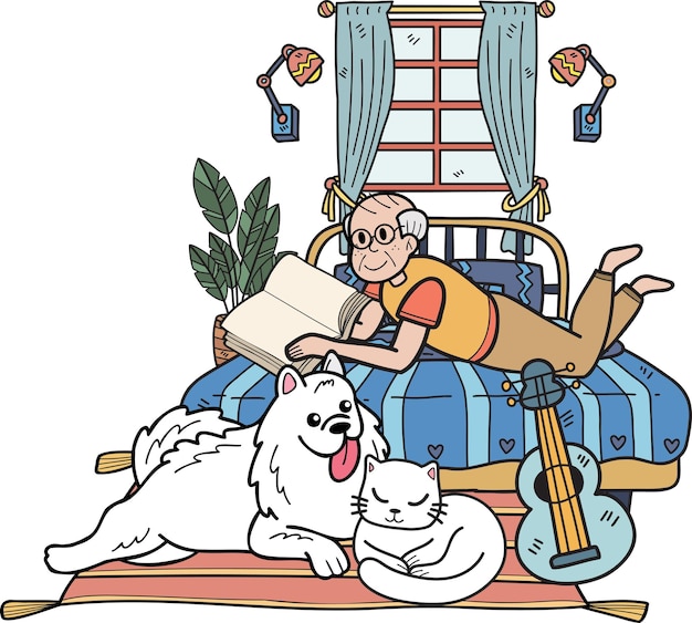 Ręcznie Rysowane Starsze Czytanie Książek Z Ilustracjami Psów I Kotów W Stylu Doodle