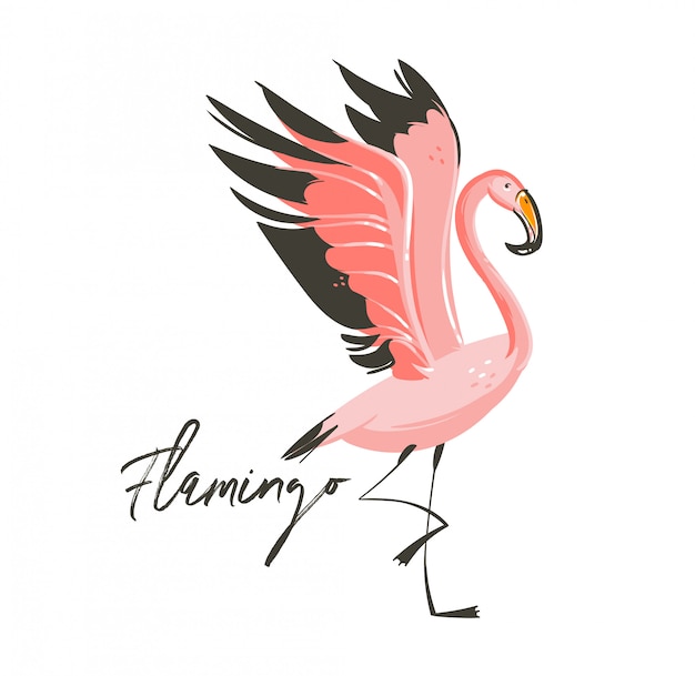 Ręcznie Rysowane Streszczenie Kreskówka Latem Graficzna Dekoracja Ilustracje Sztuki Z Egzotycznym Tropikalnym Lasem Deszczowym Ptak Flamingo Na Białym Tle