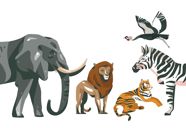 Ręcznie Rysowane Streszczenie Kreskówka Nowoczesna Grafika Afrykańskiego Safari Kolaż Ilustracje Sztuki Baner Ze Zwierzętami Safari Na Białym Tle Na Kolor Biały.