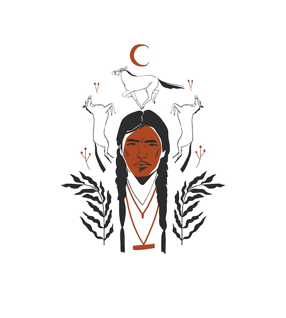 Ręcznie Rysowane Streszczenie Wektor Graficzny Clipart Ilustracja Boho Indian Portret Kompozycji Człowiekakoncepcja Projektowania Zachodniegoczeski Dziki Zachód Współczesna Sztukaamerican Western Logokowboj Nowoczesny Desidn