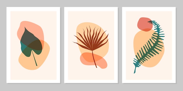 Ręcznie rysowane streszczenie zestaw boho tropikalny liść z kształtem kolor na białym tle na beżowym tle. Płaskie ilustracji wektorowych. Projekt wzoru, logo, plakatów, zaproszenia, kartki z życzeniami
