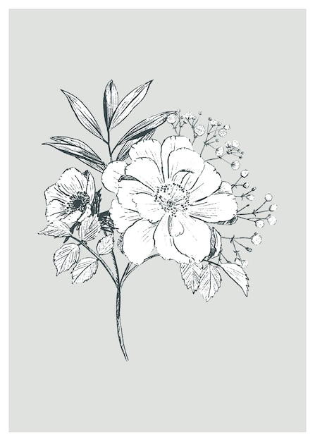 Plik wektorowy ręcznie rysowane styl szkicowania piękny plakat z kwiatowym bukietem na jasnoszarym tle