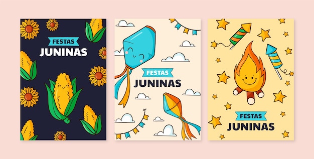 Plik wektorowy ręcznie rysowane szablon kart festas juninas