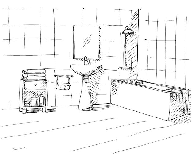 Ręcznie Rysowane Szkic Liniowy Szkic Wnętrza Część łazienki Ilustracja Wektorowa