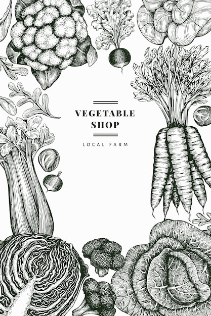 Plik wektorowy ręcznie rysowane szkic projektu warzyw. szablon transparent świeżej żywności ekologicznej. retro tło warzywo. grawerowane ilustracje botaniczne w stylu.