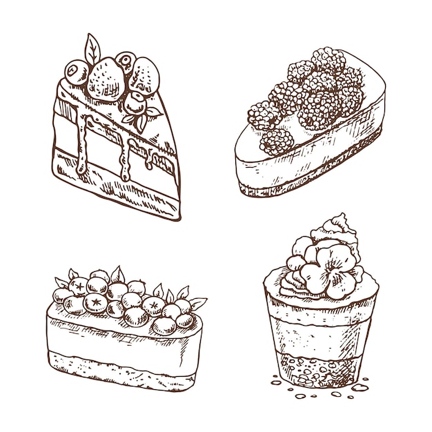 Plik wektorowy ręcznie rysowane szkic pyszne babeczki i ciasta z wierzchołkami śmietany i jagód