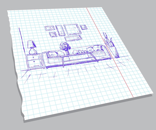 Ręcznie Rysowane Szkic Wnętrza Na Arkuszu Notebooka Ręcznie Rysowane Ilustracji Wektorowych Stylu Szkicu