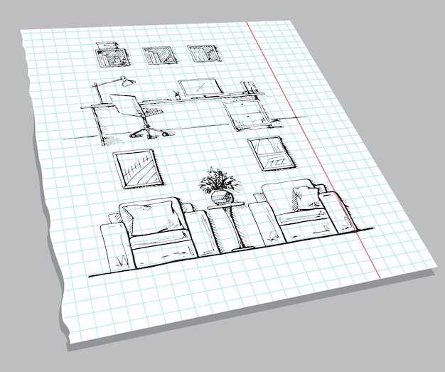 Plik wektorowy ręcznie rysowane szkic wnętrza na arkuszu zeszytu liniowy szkic wnętrza plan pokoju ręcznie rysowane ilustracji wektorowych stylu szkicu