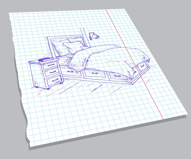 Plik wektorowy ręcznie rysowane szkic wnętrza na arkuszu zeszytu szkic linii sypialni