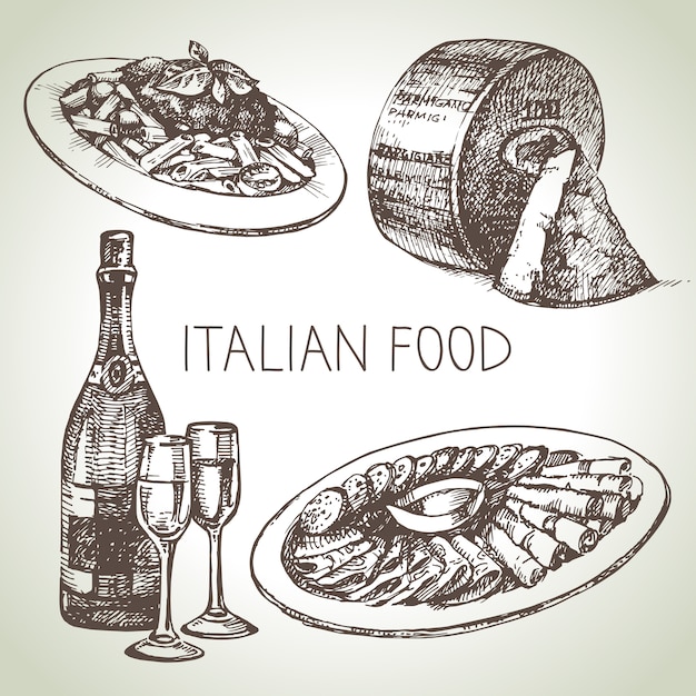 Plik wektorowy ręcznie rysowane szkic zestaw włoskich potraw