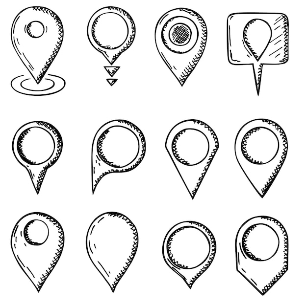 Ręcznie rysowane szpilki na mapie znak ikona lokalizacji Kontur doodle ikona Adres i pinezka na mapę mobilny wskaźnik