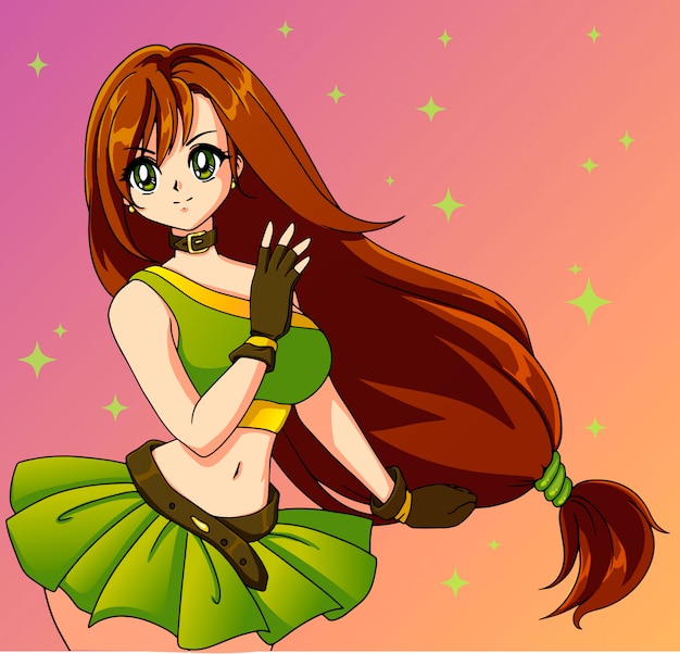 Ręcznie rysowane sztuki, styl kreskówki anime. Śliczna anime dziewczyna z długimi rudymi włosami. Ilustracji wektorowych.