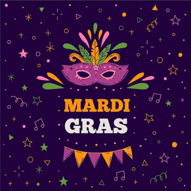 Plik wektorowy ręcznie rysowane tekst mardi gras z maską ilustrowany