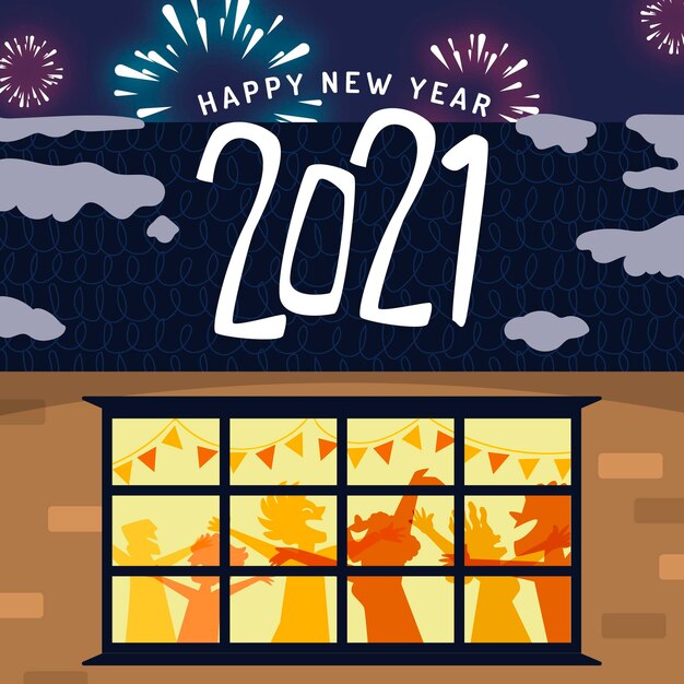 Plik wektorowy ręcznie rysowane tła nowego roku 2021 z imprezującymi ludźmi